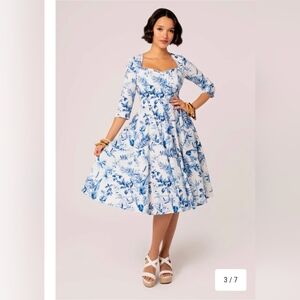 Hell Bunny White Dress with Blue Floral Print - Size XL
